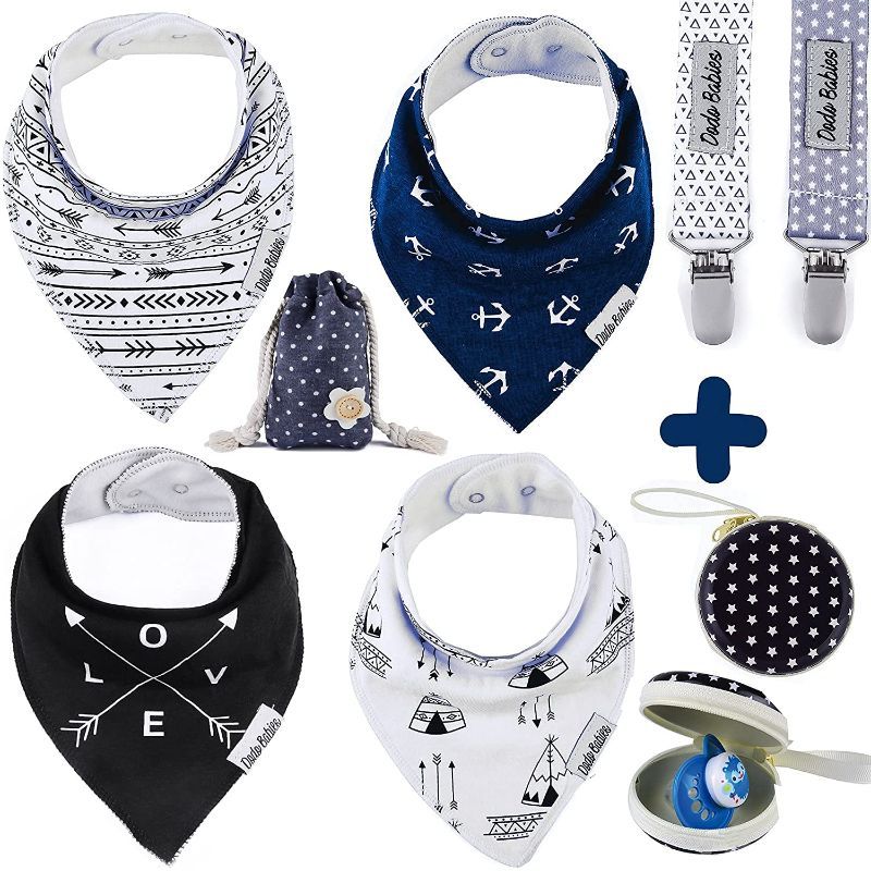 Photo 1 of Dodo Babies Bandana Drool Bib Set – Four 100% Cotton Bibs with Soft Polyester Lining, 2 Pacifier Clips, Binky Case, Navy Dot Gift Bag for Baby Girl or Boy Shower – Adjustable Snap Fit for 3-24 Months