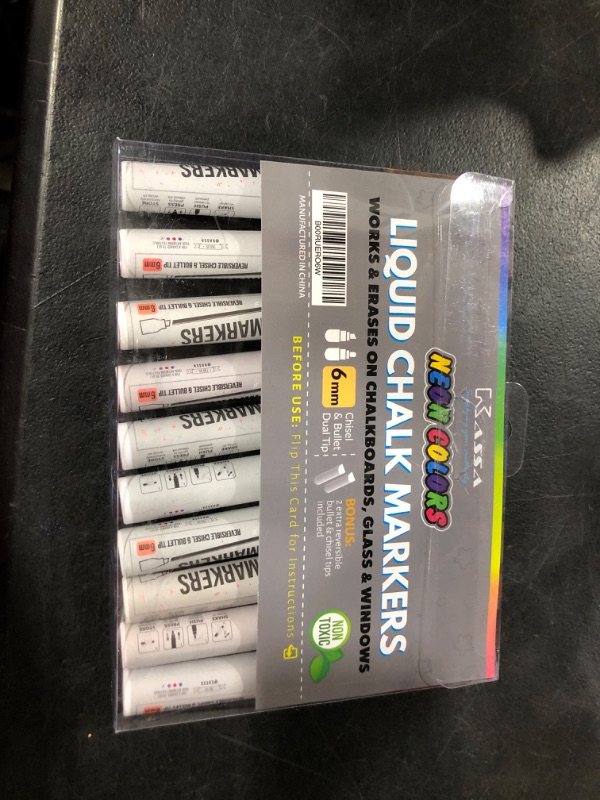 Photo 2 of Kassa Chisel and Bullet Dual Tip Marking Pen, 10-Pack Erasable Neon Multicolor Liquid Chalk Markers, Non-Toxic Washable Markers with Reversible Dual Tip