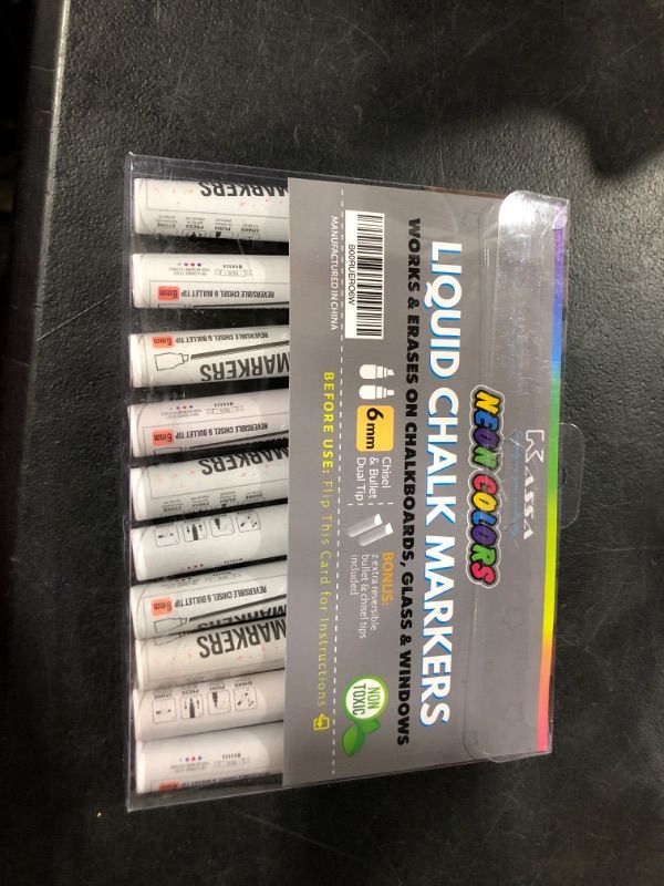Photo 1 of Kassa Chisel and Bullet Dual Tip Marking Pen, 10-Pack Erasable Neon Multicolor Liquid Chalk Markers, Non-Toxic Washable Markers with Reversible Dual Tip