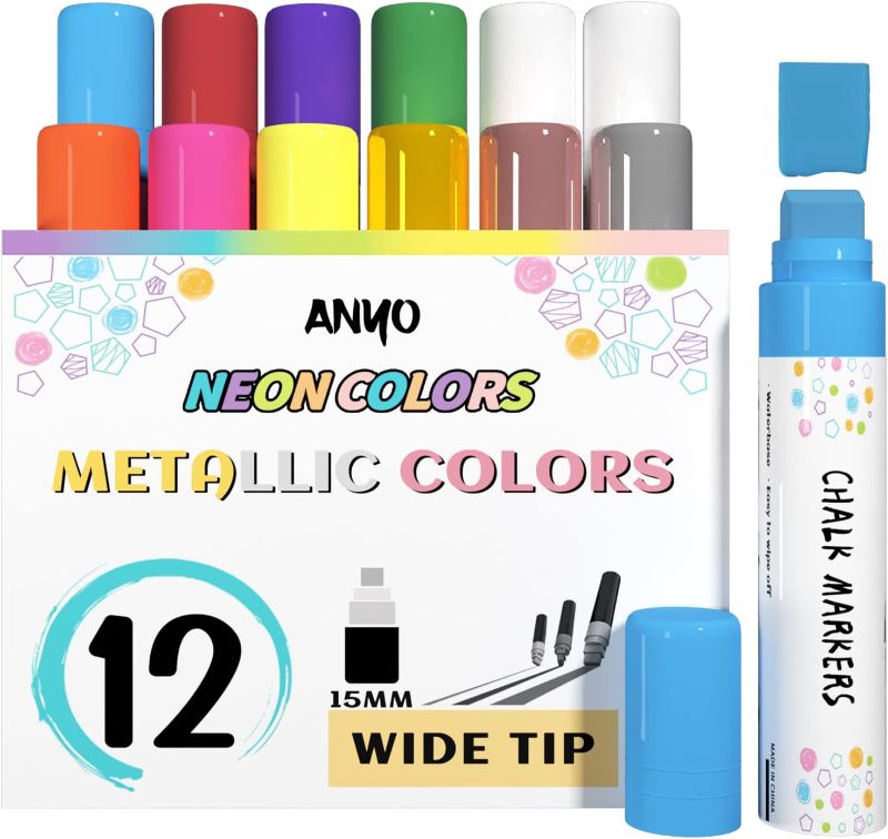 Photo 1 of 12 Pack Car Window Washable Markers for Cars |15mm Jumbo Metallic & Neon Paint Chalk Markers