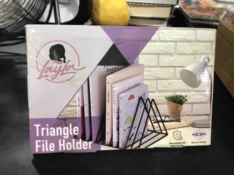 Photo 2 of Triangle File Holder, 9 Slot Metal Wire File Organizer, Magazine, Book, Newspaper, Art & Picture Holder, Sorter for Bookshelf Decor, Desk, Office, Home Or Any Room (Black)