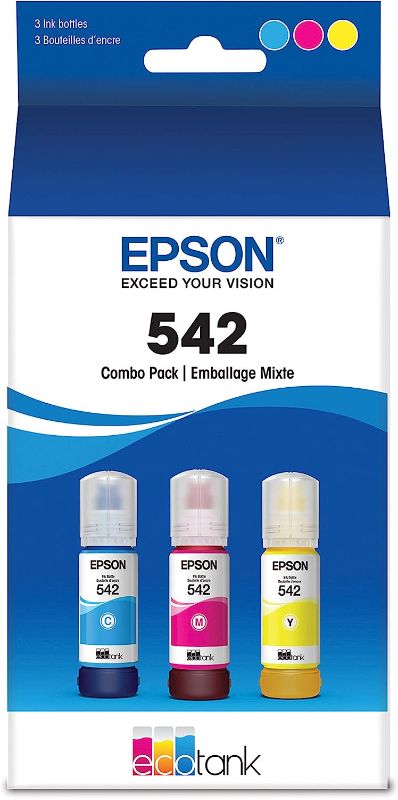 Photo 1 of EPSON T542 EcoTank Ink Ultra-high Capacity Bottle Color Combo Pack (T542520-S) for select Epson EcoTank Printers, Cyan, Magenta, Yellow