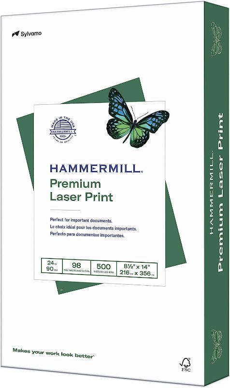 Photo 1 of Hammermill Printer Paper, Premium Laser Print 24 lb, 8.5 x 14-1 Ream (500 Sheets) - 98 Bright, Made in the USA, 104612

