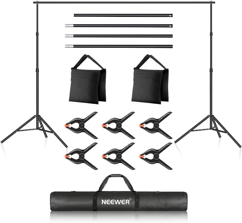 Photo 1 of  Neewer Photo Studio Backdrop Support System, 10ft/3m Wide 6.6ft/2m High Adjustable Background Stand with 4 Crossbars, 6 Backdrop Clamps, 2 Sandbags, and Carrying Bag for Portrait & Studio Photography 