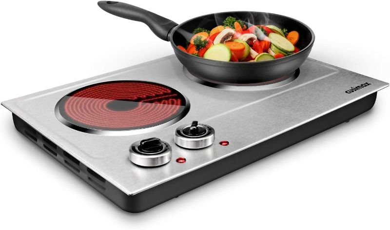 Photo 1 of CUSIMAX 1800W Ceramic Electric Hot Plate for Cooking, Dual Control Infrared Portable Countertop Burner, Glass Cooktop, Silver, Stainless Steel