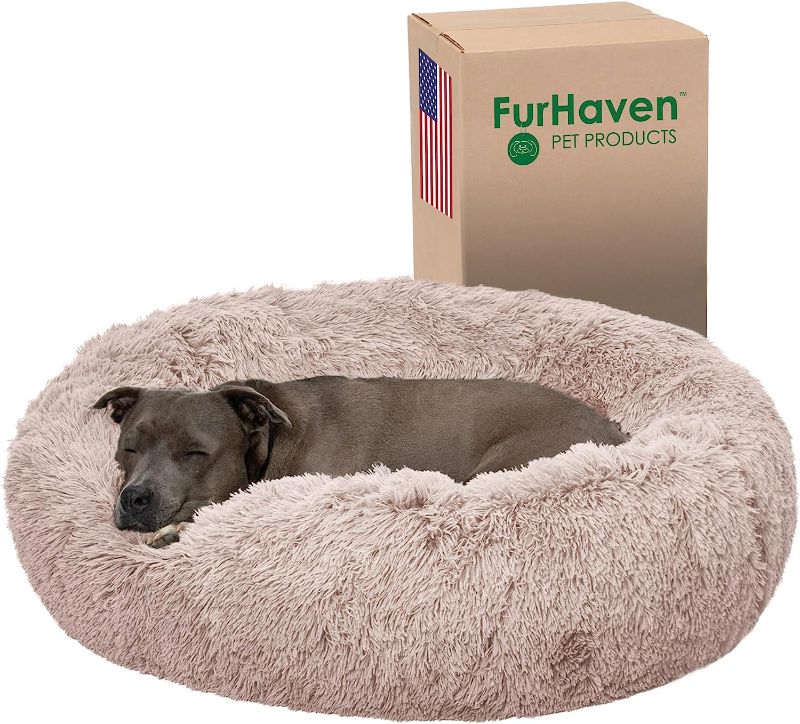 Photo 1 of 36" Round Calming Donut Dog Bed for Large/Medium Dogs, Refillable w/ Removable Washable Cover, For Dogs Up to 75 lbs - Shaggy Plush Long Faux Fur Donut Bed - Taupe, Large