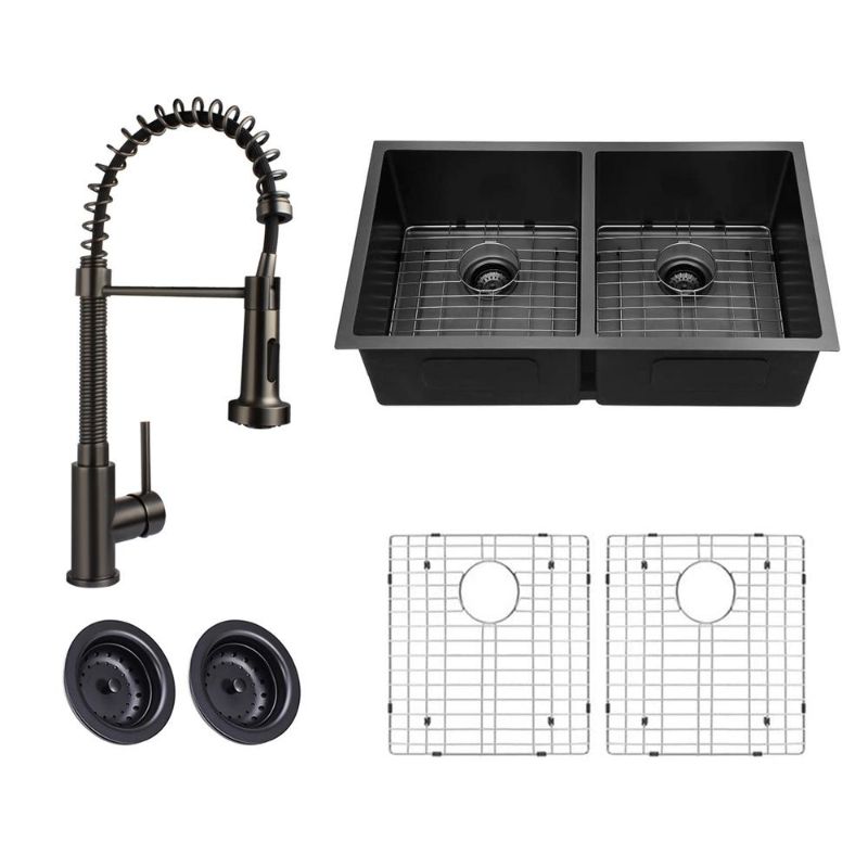 Photo 1 of  Glacier Bay Gunmetal Black Stainless Steel 33 in. 18 Gauge Double Bowl Dual Mount Kitchen Sink with Black Spring Neck Faucet 