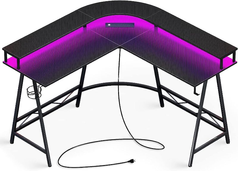 Photo 1 of Huuger L Shaped Desk Gaming Desk with LED Lights & Power Outlets, Computer Desk with Monitor Shelves, Home Office Desk Corner Desk with Cup Holder & Hook, Carbon Fiber Black 18.9"D x 50.4"W x 29.5"H
