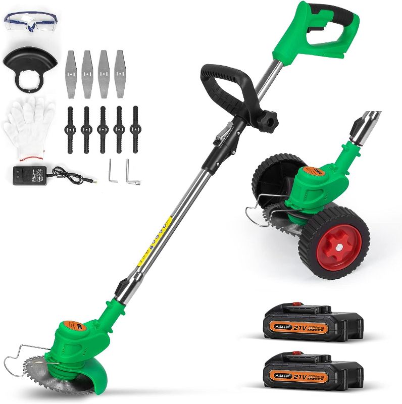 Photo 1 of Cordless Weed Eater Weed Wacker,3-in-1 Lightweight Push Lawn Mower & Edger Tool with 3 Types Blades,21V 2Ah Li-Ion Battery Powered for Garden and Yard (Green)
