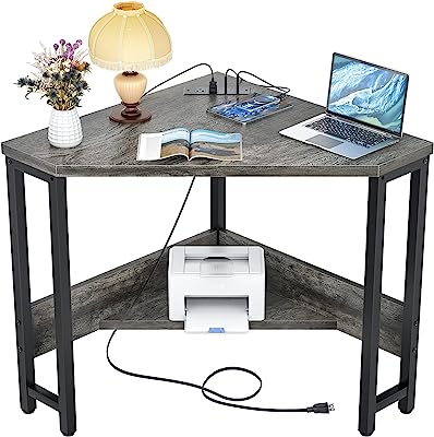 Photo 1 of armocity Corner Desk Small Desk with Outlets Corner Table for Small Space, Corner Computer Desk with USB Ports Triangle Desk with Storage for Home Office, Workstation, Living Room, Bedroom, Oak
