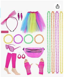 Photo 1 of cosmisun 80s Costume Outfit for Women Girls 80s Costumes Outfits Set Tutu Skirt Fishnet Gloves Lace Headband Leg Warmers Lightning and Teardrop Earrings Necklace Bracelet Fanny Pack Wristband Glasses 