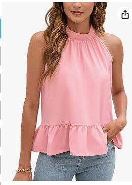 Photo 1 of ClearFlower Womens Halter Tank Tops Summer High Neck Pleated Sleeveless Cami Shirts Tops 