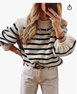 Photo 1 of LARGE- LouKeith Womens Long Sleeve Knit Sweater Crewneck Striped Loose Pullover Tops Lantern Sleeve Casual Sweaters Jumper Tops sz L 
