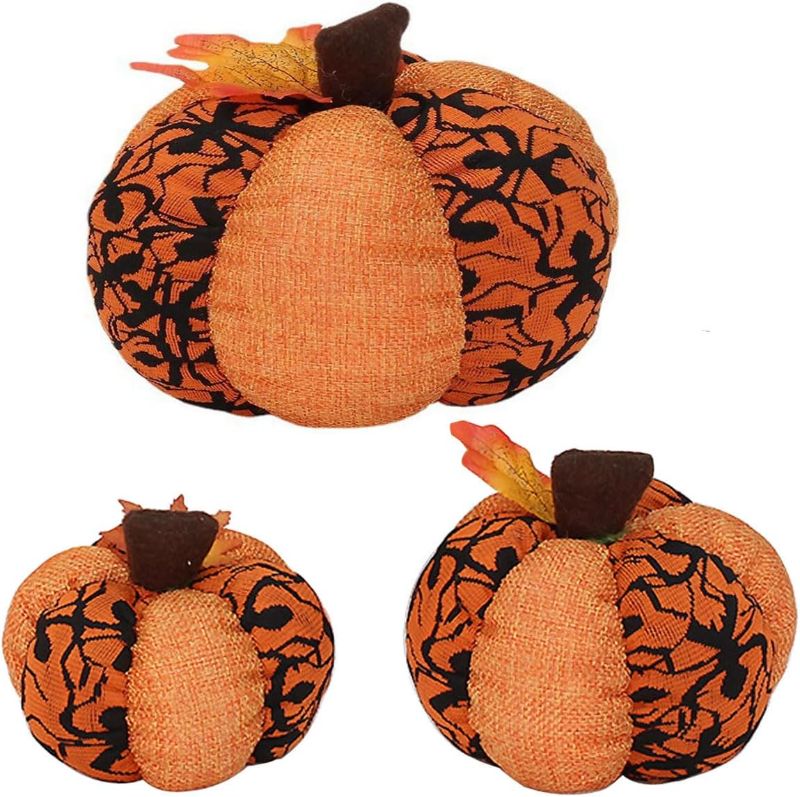 Photo 1 of 3Pcs Large Fall Decorative Orange Pumpkins Soft Fabric Spider Pumpkins for Rustic Farmhouse Thanksgiving Harvest Halloween Wedding Table Centerpiece Mantel Kitchen Decor 