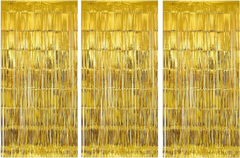Photo 1 of 3 Pack Backdrop Fringe Curtain 3.2 x 6.5 Feet - Fringe Curtain Streamers Backdrop Ideal for Birthday Party, Decorations, Wedding, Anniversaries, Graduation, Halloween, Photo Backdrops (Gold)
