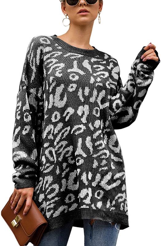 Photo 1 of ECOWISH Women's Oversized Leopard Sweater Dress Long Sleeve Casual Camouflage Print Knitted Pullover Tunic Sweaters SIZE S