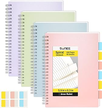 Photo 1 of SUNEE 4 Pack Spiral Notebook - A5 Lined Journal Notebook 5.9 x 8.3 Inches 8mm Ruled 80 Sheets/160 Pages - Journals for Study and Notes (pink, blue, green, purple)