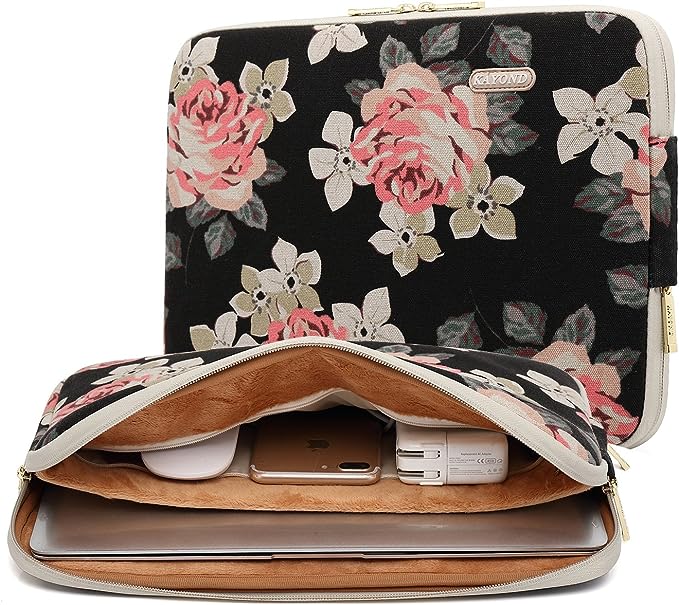 Photo 1 of KAYOND Black Rose Patten Canvas Water-Resistant 14.1 Inch Laptop Sleeve