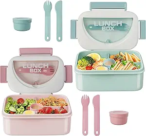 Photo 1 of 2 Set 1.5L Bento Lunch Box Kit for Adult, 4 Compartment Leak Proof Lunch Containers Snack Boxes with Fork & Spoon, BPA Free, Food Prep Storage Containers To Go for Travel Work Daycare, Green+Pink 