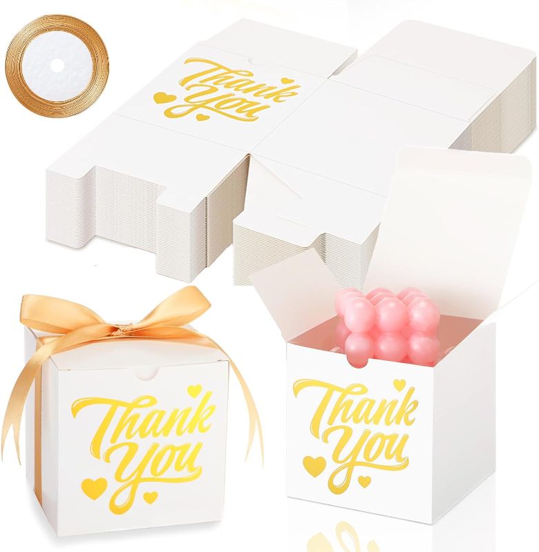 Photo 1 of 100 Pcs White Paper Boxes for Gifts 4 x 4 x 4 Inch Thank You Favor Boxes with Gold Ribbon White Macaron Treat Boxes for Party Favors Wedding Birthday Baby Shower Supplies