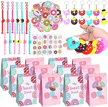 Photo 1 of 88 Pcs Donut Party Favors Set, Include Donut Party Bags Goodie Bags Donut Bracelets Donut Keychains Key Ring and Stickers Donuts Birthday Party Supplies Gift for Kids Classroom Prizes Fillers
