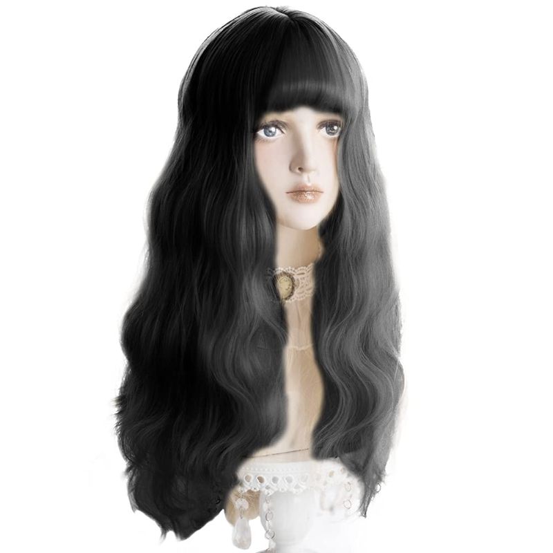 Photo 1 of 
aiyaya Long Wavy Black Wig Bangs - Natural Synthetic Hair Wigs with Wig Cap For Cosplay and Daily Wear (Black)