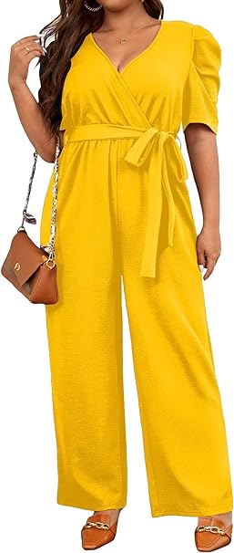 Photo 1 of 2XL WDIRARA Women's Plus Size V Neck Puff Short Sleeve Belted Wide Leg Jumpsuit