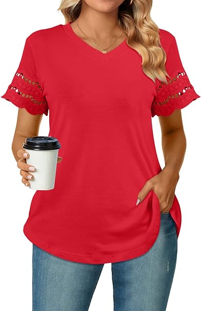 Photo 1 of 2XL Ladiyo Womens Lace Sleeve Shirts V Neck Work Tops Dressy Casual T Shirs Summer Business Loose fit Tees