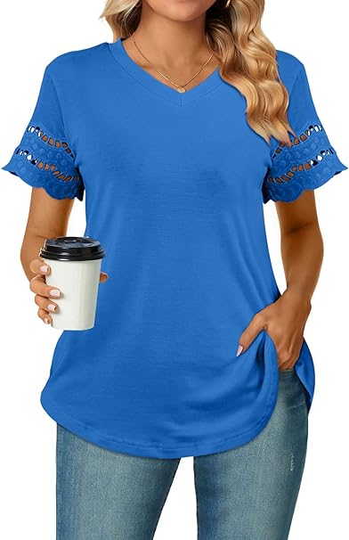 Photo 1 of 2XL Ladiyo Womens Lace Sleeve Shirts V Neck Work Tops Dressy Casual T Shirs Summer Business Loose fit Tees