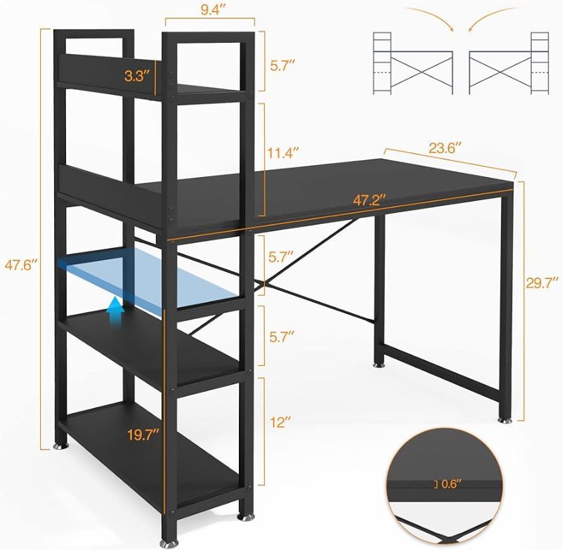 Photo 1 of JSungo Computer Desk with 4 Tiers Shelves, 47 Inch Sturdy Table with Reversible Bookshelf for Home Office, Study Tower Desk for Small Space, Industrial Modern Style, Black