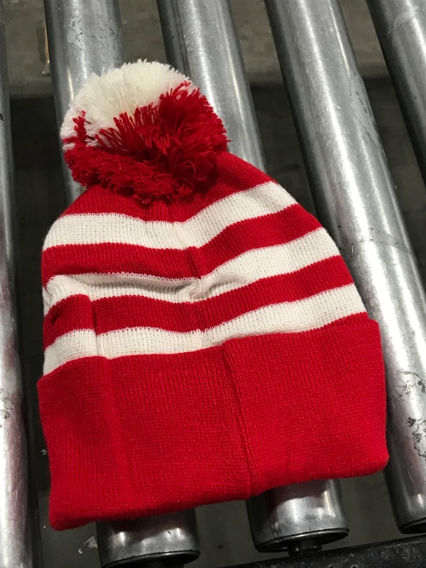 Photo 2 of Armycrew Red White Striped Pom Pom Cuff Beanie Hat - Red White Stripe - 1 Pack 