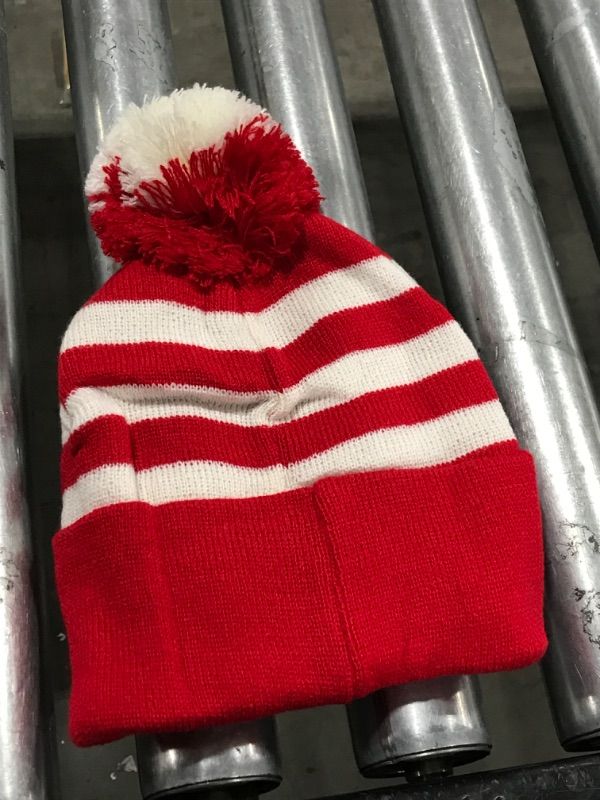 Photo 2 of Armycrew Red White Striped Pom Pom Cuff Beanie Hat - Red White Stripe - 1 Pack 