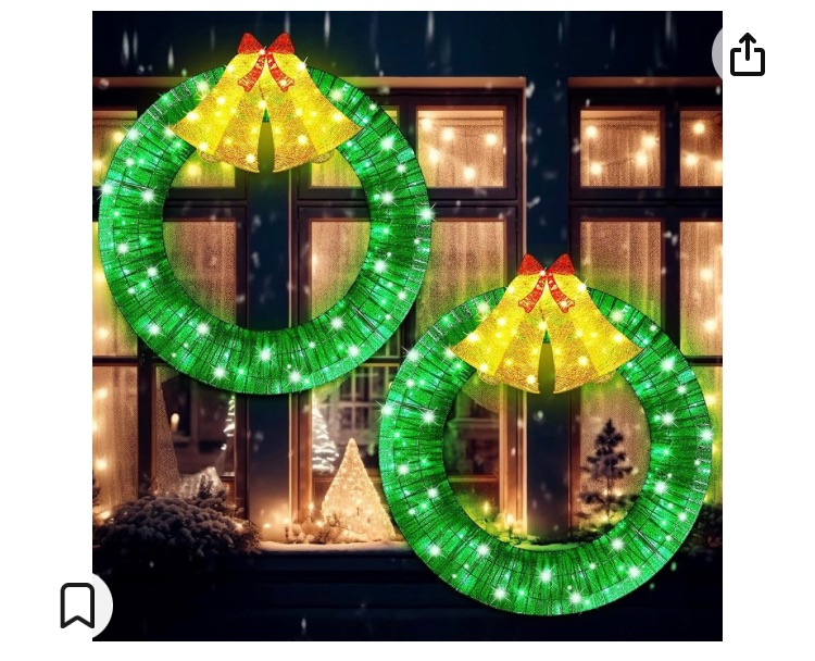 Photo 1 of 2 Pcs 36 Inch LED Lighted Christmas Wreath Green Lights Wreath with Red Christmas Bows Metal Frame Covered Glittering Sequins for Xmas Holiday Window Wall Door Indoor Outdoor Decoration