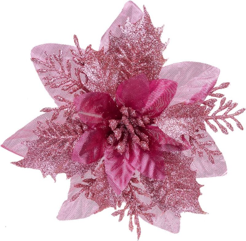 Photo 1 of 15Pcs Christmas Poinsettia Artificial Flowers Decorations, Glitter Poinsettia Christmas Tree Ornaments, Tree Flowers for Xmas/Wedding/Holiday/Wreath/Garland Decor, with Cilps and Stems, 5.5 Inch