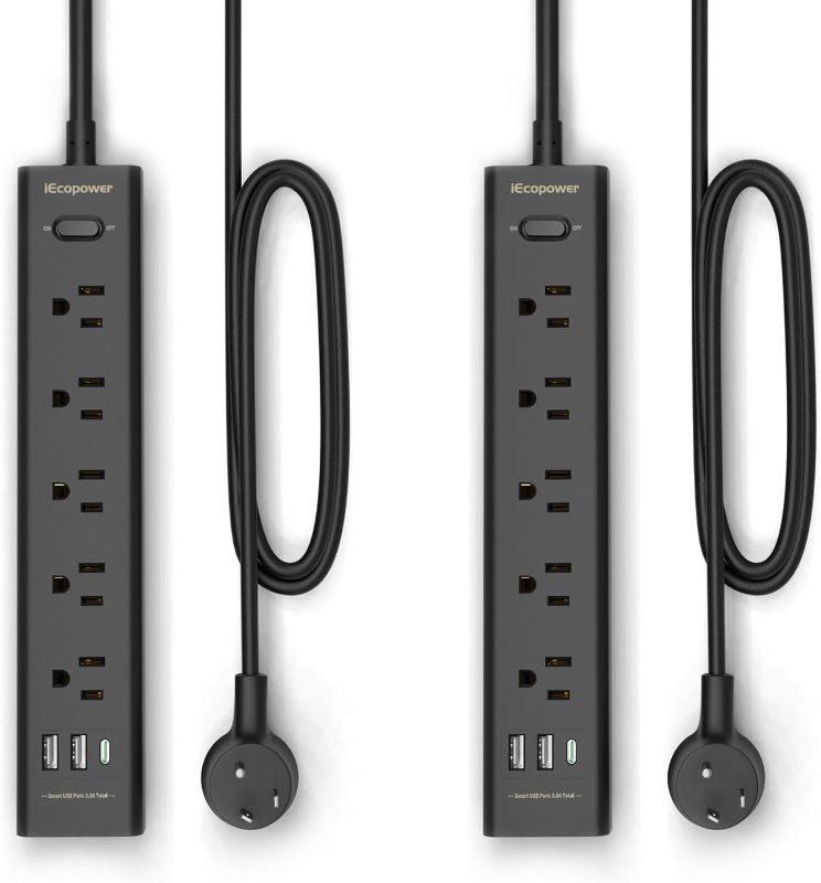 Photo 1 of 2 Pack Power Strip Surge Protector-5 Widely Spaced Outlets 3 USB Ports(1 USB C Port),1250W/10A with 5Ft Extension Cord, Power Strips with Surge Protection, Wall Mount for Home Office,Black
