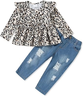 Photo 1 of YALLET Baby Girl Clothes Infant Toddler Girl Outfits Ruffle Top+Ripped Denim Jeans Pants Set