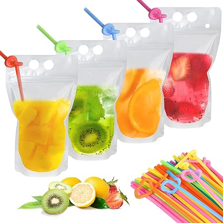 Photo 1 of 100PCS Drink Pouches with 100 Drink Straws, Reusable Smoothie Bags Juice Pouches, Heavy Duty Hand-Held Translucent Reclosable Zipper Plastic Ice Drink Pouches for Adults and Kids