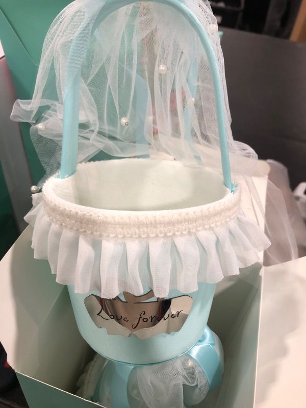 Photo 2 of Ailoven Wedding Flower Girl Basket with Handle Blue Satin Flower Girl Basket with Pearl Veil Decoration for Romantic Wedding Celebration Party (2 Pcs)