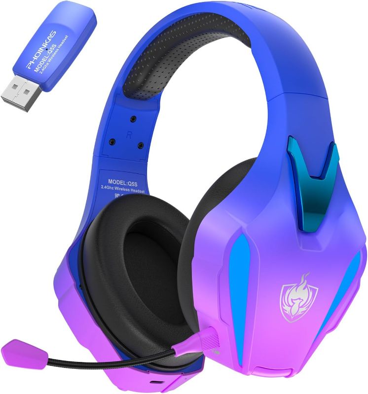 Photo 1 of PHOINIKAS Wireless Gaming Headset, 2.4G Gaming Headset for PS4 PS5 PC, Over Ear Headphones with Detachable Mic, 7.1 Stereo Sound, 3.5mm Wired Gaming Headset for Xbox One/Phone - Violet
