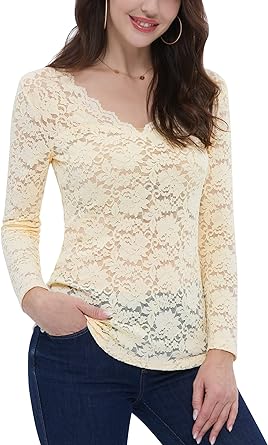 Photo 1 of DJT Women's Sexy Floral Lace Shirt Scallop V Neck Semi Sheer Blouse Include Padded Tube Work Party Tops 