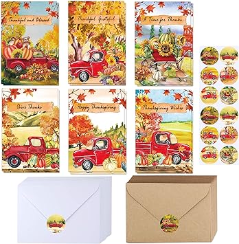 Photo 1 of 120 Sets Bulk Thanksgiving Cards with Envelopes Stickers Assortment 6 Designs Watercolor Vintage Truck Pumpkins Greeting Cards Blank Holiday Harvest Cards Give Thanks Cards 4x6 for Fall Autumn Party