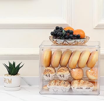 Photo 2 of MESISEPHELE Clear Display Case Bread Box for Kitchen Countertop, Transparent 2 Tier Display Shelf Cake Cupcake Bread Storage Container Pantry Bakery Keeps Fresh for Pastry Donut Bagel Muffins Rolls 
