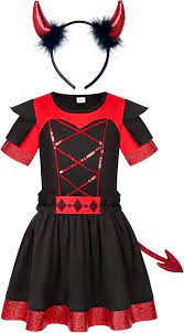 Photo 1 of Costumerry Devil Costume for Girls with Devil Horns Headband Halloween Party Dress Up 4-6y