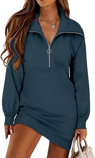 Photo 1 of AlvaQ Women Sweatshirt Dress Fall Winter Casual Lapel Half Zip Oversized Pullover Tunic Sweateshirts Tops SIZE M