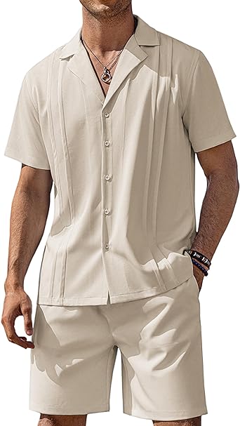 Photo 1 of COOFANDY Mens 2 Piece Short Set Guayabera Button Down Shirt Casual Summer Beach Outfits  xl
