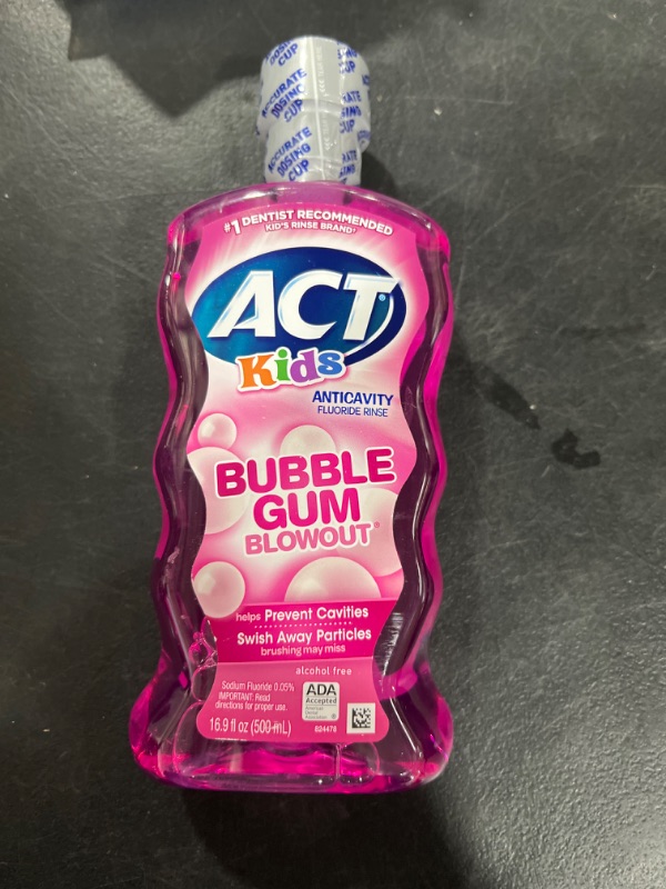 Photo 2 of ACT Kids Anticavity Fluoride Rinse Bubble Gum Blowout 16.9 fl. oz. Accurate Dosing Cup, Alcohol Free EXP 2/26