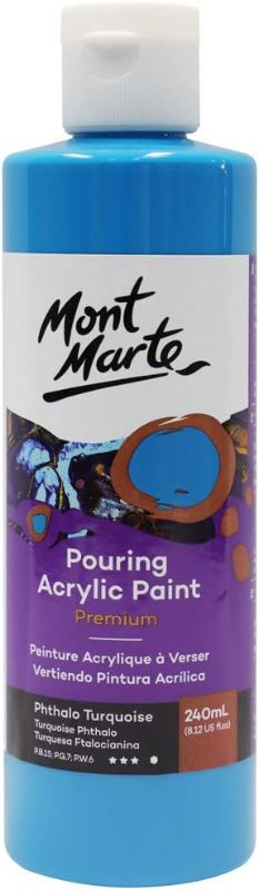 Photo 1 of MONT MARTE Premium Pouring Acrylic Paint, 240ml (8.11oz), Phthalo Turquoise, Pre-Mixed Acrylic Paint, Suitable for a Variety of Surfaces Including Stretched Canvas, Wood, MDF and Air Drying Clay. PACK OF 2 