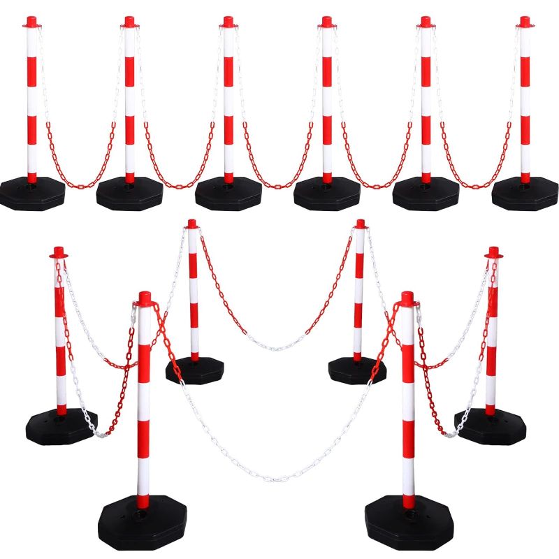 Photo 1 of 24 Pack Traffic Delineator Post Cones Include Fillable Base Expandable Safety Barrier 5 Feet Plastic Chain, Industrial Construction for Parking Lot (Red and White)