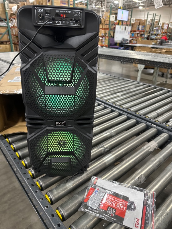 Photo 2 of Pyle Bluetooth PA Speaker System - 600W Rechargeable Outdoor Bluetooth Speaker Portable PA System w/ Dual 8” Subwoofer 1” Tweeter, Microphone In, Party Lights, USB, Radio, Remote - Pyle PPHP2836B Speaker System Speaker System