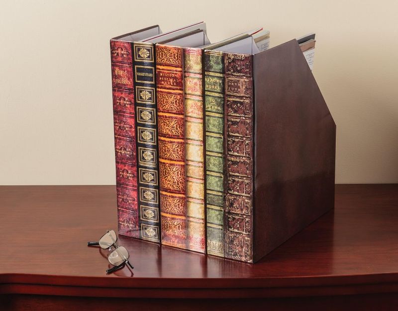 Photo 1 of  Heavy-Duty File Organizer and Magazine Holder – Set of 3 – Decorative Classic Books Themed Magazine Rack - 3" x 11" x 12- STOCK PHOTO FOR REFERENCE ONLY